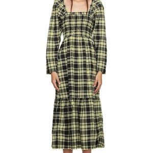 Ganni Long Sleeve Checkered Seersucker Maxi Dress